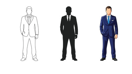 Set of three businessman figures outline sketch, black silhouette and full color illustration in blue suit