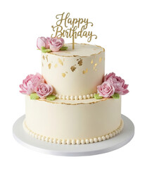 Birthday cake celebration with pink roses isolated on transparent background