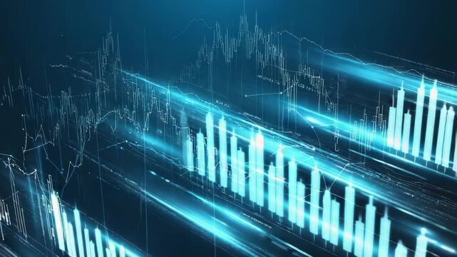 Blue Digital Finance Data Flow with glowing candlestick charts, symbolizing stock market analysis, algorithmic trading, fintech innovation, and real-time digital financial systems