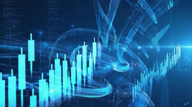 Rising Blue Market Data Streams and Digital Trading Analytics of upward-moving financial charts and flowing data streams, representing stock market growth, algorithmic trading, big data analytics 