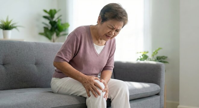 Senior Southeast Asian woman sitting on a grey sofa and clutching her painful knee, experiencing joint pain or arthritis in a bright living room, healthcare and aging concept for seniors.