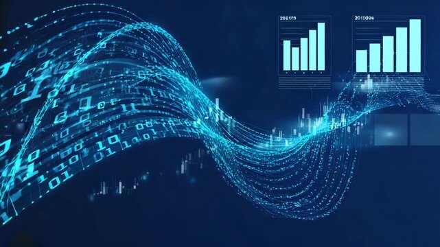 Flowing Blue Digital Data Wave with Business Analytics Interface
with financial charts and analytics dashboards, representing big data processing, artificial intelligence, business intelligence