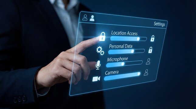 A businessman enabling camera access on a futuristic settings interface for secure data management