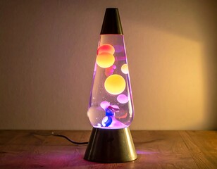 A colorful lava lamp on a wooden table against a plain wall