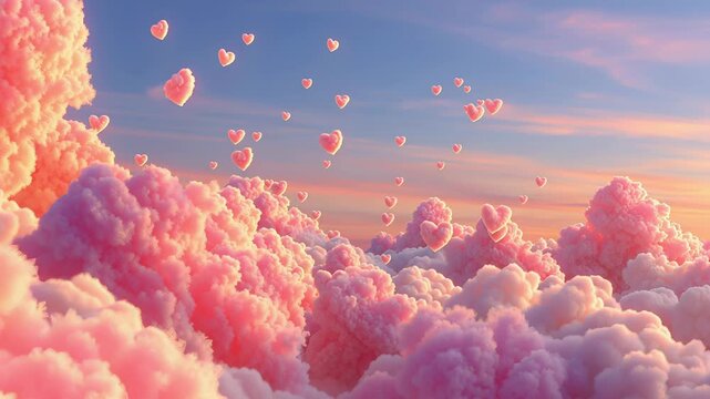 Valentine Love Sky With Heart Shaped Clouds Rising From Soft Cloud Sea in Pink and Blue Tones Romantic Cinematic Motion Background With Smooth Upward Movement and Gentle Light