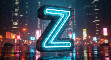 Glowing neon letter Z on rainy city street at night with vibrant lights
