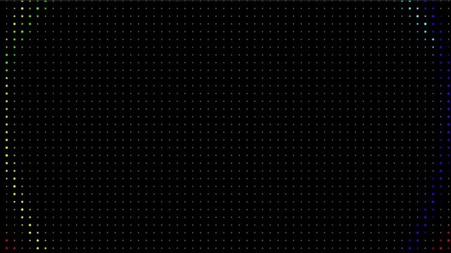 Colorful Halftone Squares Animation Loop. Four distinct color circles of glowing dots pulsing and merging into a larger pattern. Abstract, geometric motion graphic on grid