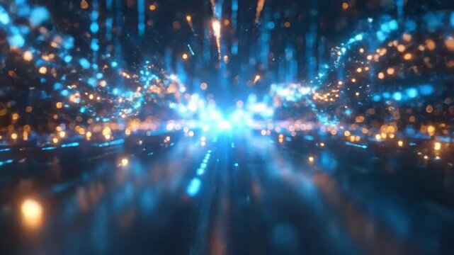 Abstract digital landscape with glowing blue binary code and golden particles, futuristic technology.