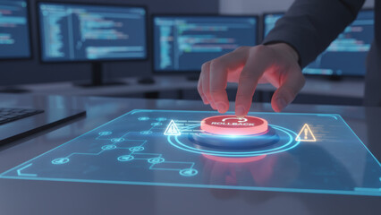 Ai developer programming coding technology engineer presses rollback button on futuristic holographic interface alert icons signal system restore