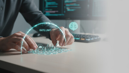 Hands typing coding developer programming technology ai project futuristic workspace calm focused