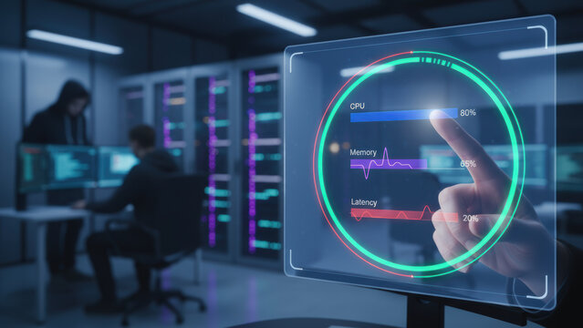 Ai developer programming coding technology monitor with futuristic performance dashboard and finger touch data center showing CPU memory latency - Powered by Adobe