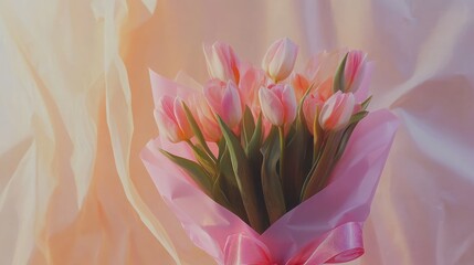  a bouquet of pink tulips wrapped in pink paper