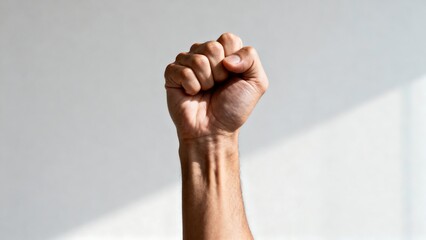 Raised clenched fist symbol of strength and determination against plain white background with light