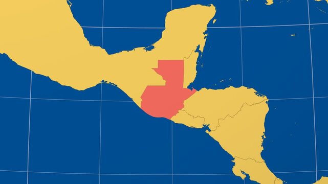 Guatemala on Globe. Animated zoom into the country in Ocean Blue Golden Yellow color palette. Guatemala logo animation. Map with meridians, parallels. Charming video.