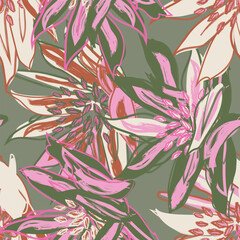 Khaki Green Cleome Abstract Floral seamless pattern design