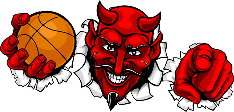 A devil man holding basketball ball, breaking through the background and pointing sports team mascot illustration.