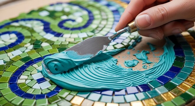 Detailed view of mosaic art creation with hand applying turquoise grout on colorful tile, showcasing craftsmanship and