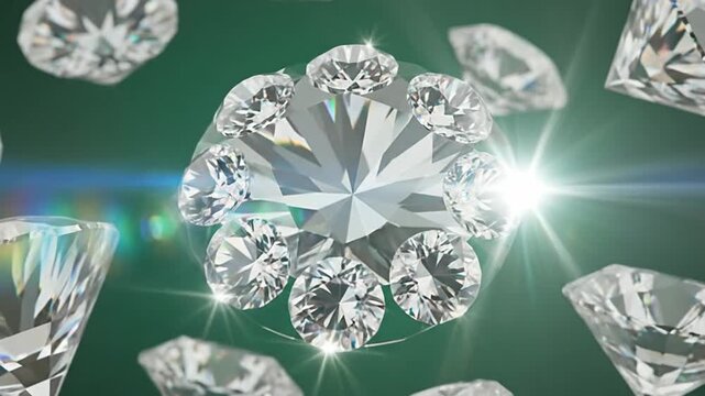 Brilliant diamonds sparkle against a deep green background, creating a luxurious and elegant scene.