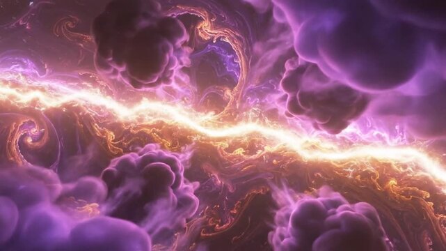Abstract fractal art featuring swirling purple and gold patterns with a bright, central light.