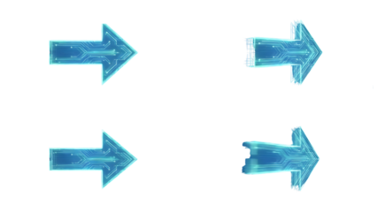 Set of Four Glowing Cyan Circuitry Technology Arrows Isolated on Transparent Background