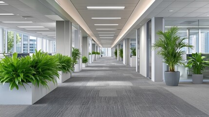 A large open office space with a lot of greenery and plants