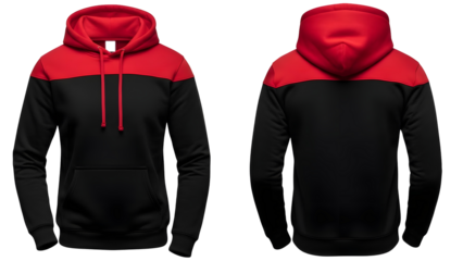 Black and red hoodie with contrasting color block design isolated on transparent background