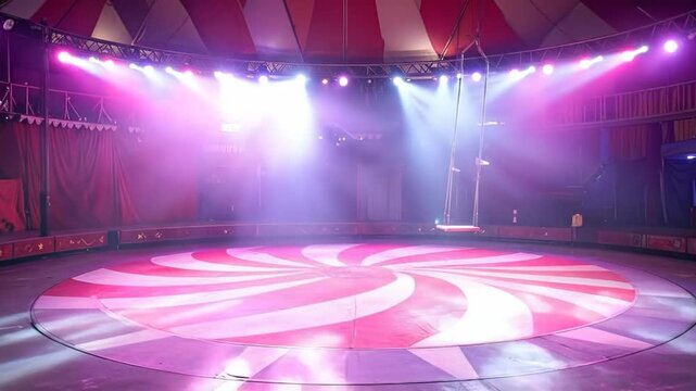 Empty circus stage with red and white striped floor and spotlights.