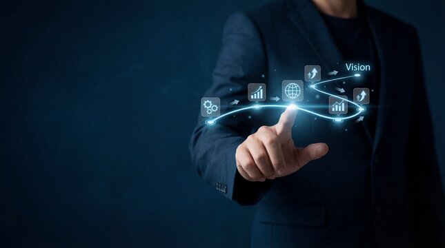 A businessman in a suit interacting with a futuristic digital interface with vision and strategy icons.