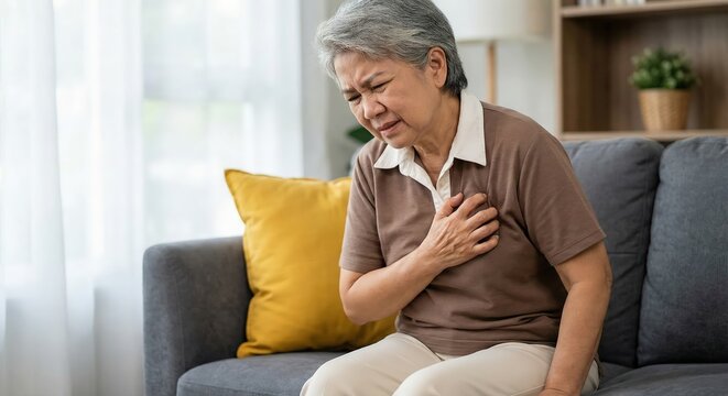 Senior Southeast Asian woman sitting on a grey sofa clutching her chest in pain, experiencing heart attack symptoms or chest discomfort in a bright living room, healthcare and emergency concept.