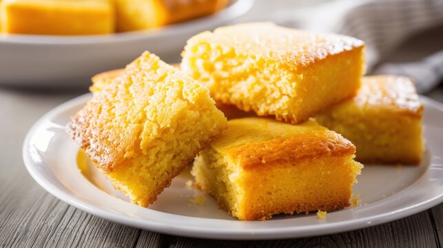 Delicious golden cornbread squares arranged on a white plate. The texture is fluffy and moist, perfect for serving with meals or as a snack.