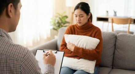 Young Asian woman sitting on a sofa during a mental health therapy session with a male counselor taking notes on a clipboard in a bright modern office interior.