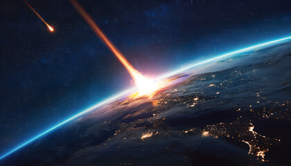 An awe-inspiring view of Earth from space with a meteor shower streaking across the atmosphere, illuminating the planet's surface