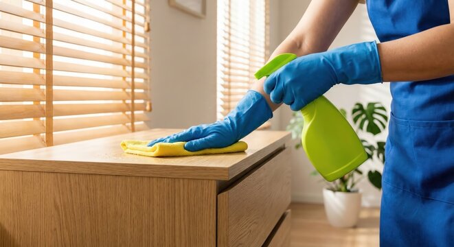 Close up of an adult White woman housekeeper wearing a blue apron and rubber gloves cleaning a dresser with a yellow cloth and spray bottle in a bright sunlit room, professional home cleaning concept