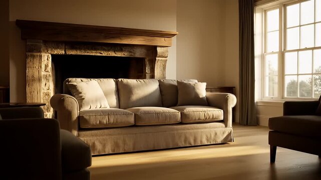 Cozy Living Room with Fireplace and Sofa, Warm Sunlight Streaming Through Window.