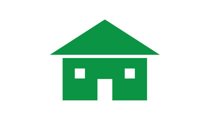 Simple green solid house icon representing real estate or home services isolated on a plain white background for design.