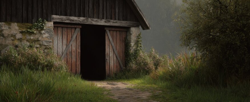 The ancient barn entrance creaks whispering tales of bygone days.