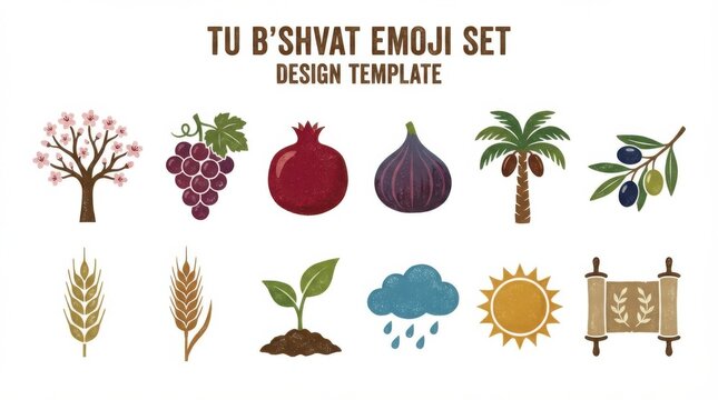 textured tu bishvat jewish new year for trees emoji set for themed visual design projects designed for print and digital use isolated on white background