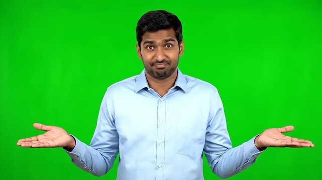 Man Shrugging Shoulders with Questionable Expression on Green Screen.