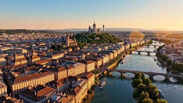 Aerial view of Lyon France at sunset showing the cityscape, Sa&Atilde; ́ne and Rh&Atilde; ́ne rivers, and Basilique Notre-Dame de Fourvi&Atilde; ̈re