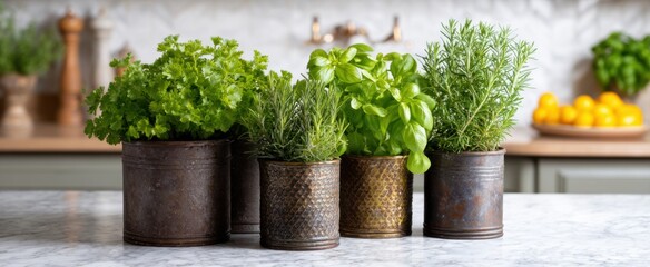 A charming kitchen herb pots display fresh greenery like nature’s confetti on the countertop