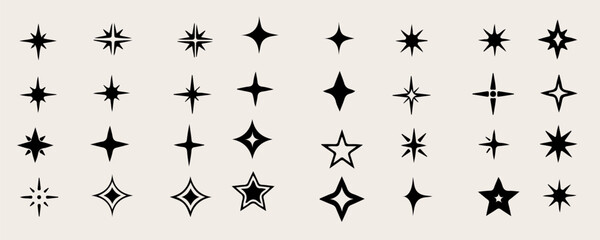 Star sparkle icon set collection with various abstract starburst shapes in black silhouette style, modern minimal vector symbols for decoration, logo design, UI elements, magical effects, branding