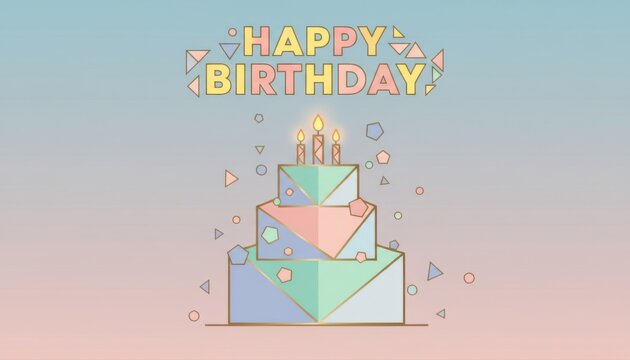 happy birthday geometric clipart collection template illustration template featuring layered birthday cake with candles and confetti on simple pastel background with plenty of empty space