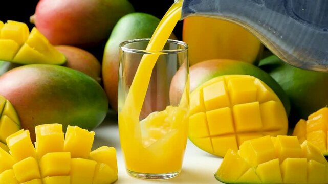 Process of pouring fresh mango juice into a glass slow motion