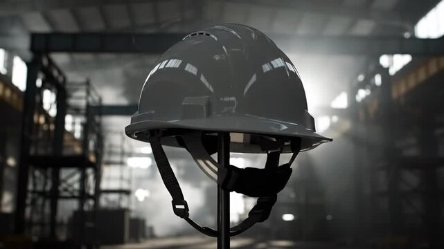 White hard hat on a stand, safety equipment for construction and industrial work.