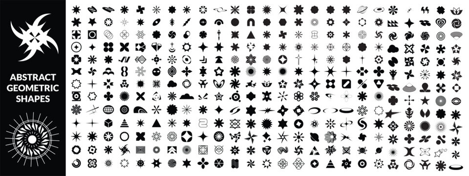 Abstract geometric shapes. Brutal contemporary figure star arrow spiral flower and other primitive logo. Graphic design elements set. Bauhaus memphis aesthetic. big set Design.