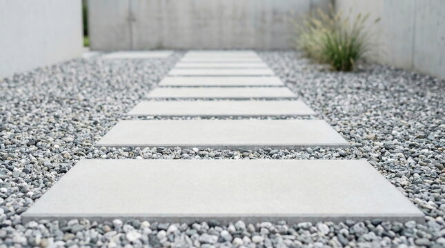Modern concrete stepping stones set on a grey gravel path in a clean, minimalist garden, leading towards a concrete wall. Perfect for landscaping and home exterior design.