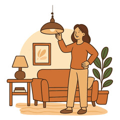  Woman Adjusting Indoor Lighting, Cozy Home and Comfortable Living Vector isolated white background