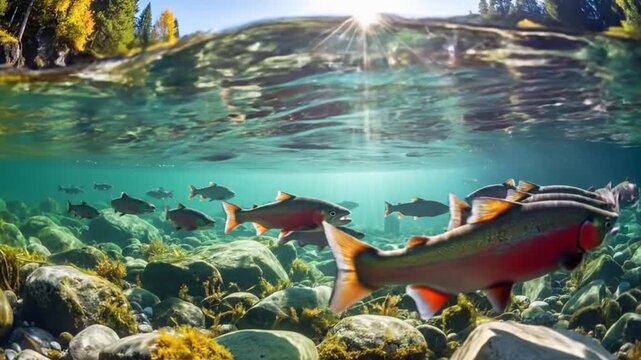 Underwater view of a school of salmon swimming upstream in a clear river.