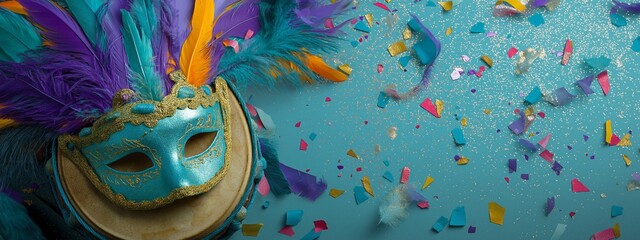 A blue mask with gold feathers is on a blue background with lots of glitter