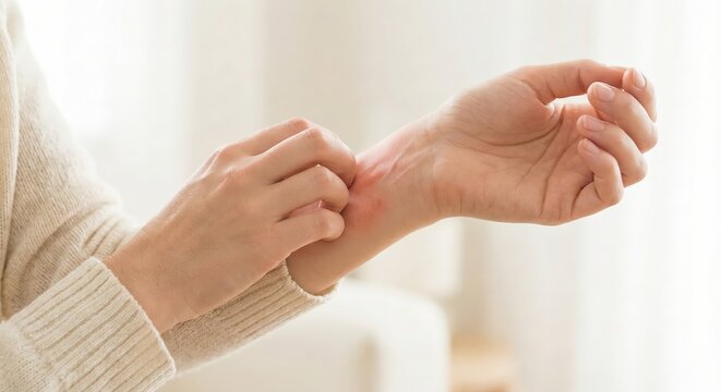 Young adult woman indoors scratching a red skin rash on her inner wrist due to allergy or dermatitis, close up of hands showing skin irritation and inflammation, healthcare and dermatology concept.